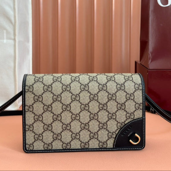 Gucci Emblem Mini Shoulder Bag Beige Blue Canvas Leather 244492