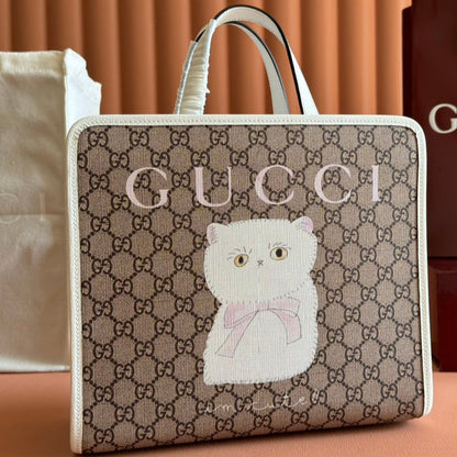 Gucci Cat Print Tote Bag White Beige Canvas 231241