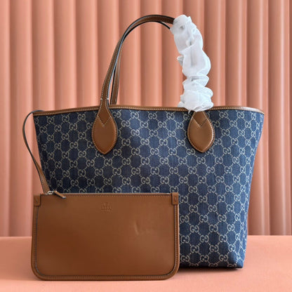 Gucci Totissima 30.5cm Tote Bag Blue mix Brown Denim Leather 248433