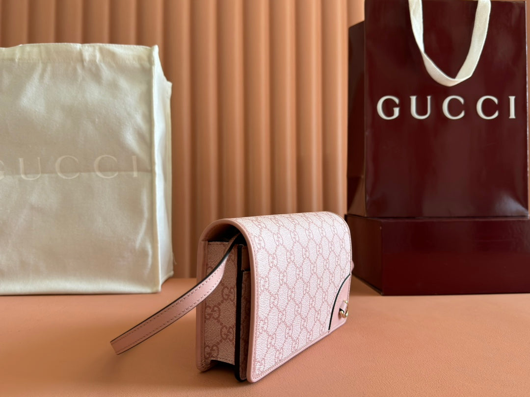 Gucci Emblem Mini Shoulder Bag Pink Canvas Leather 244541