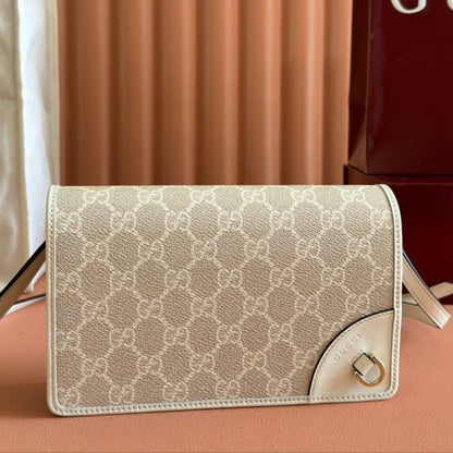 Gucci Emblem Mini Shoulder Bag Beige Canvas Leather 244542