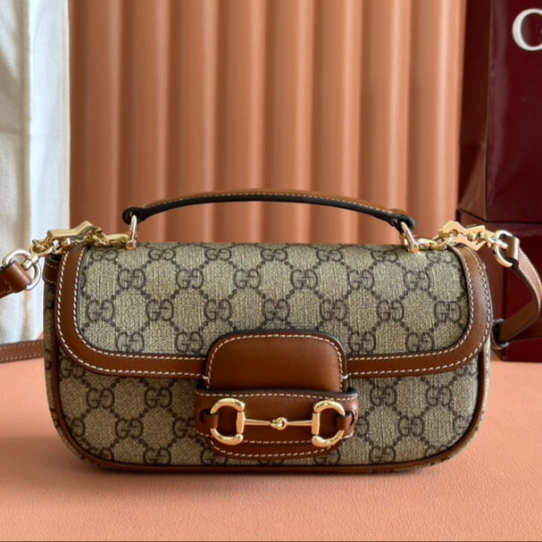 Gucci Horsebit 1995 Bag Beige mix Brown Calfskin canvas