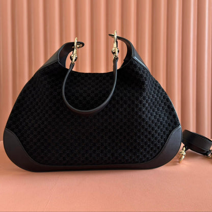 Gucci Body Double Lock Handbag Black Velvet Embossed Leather 248133
