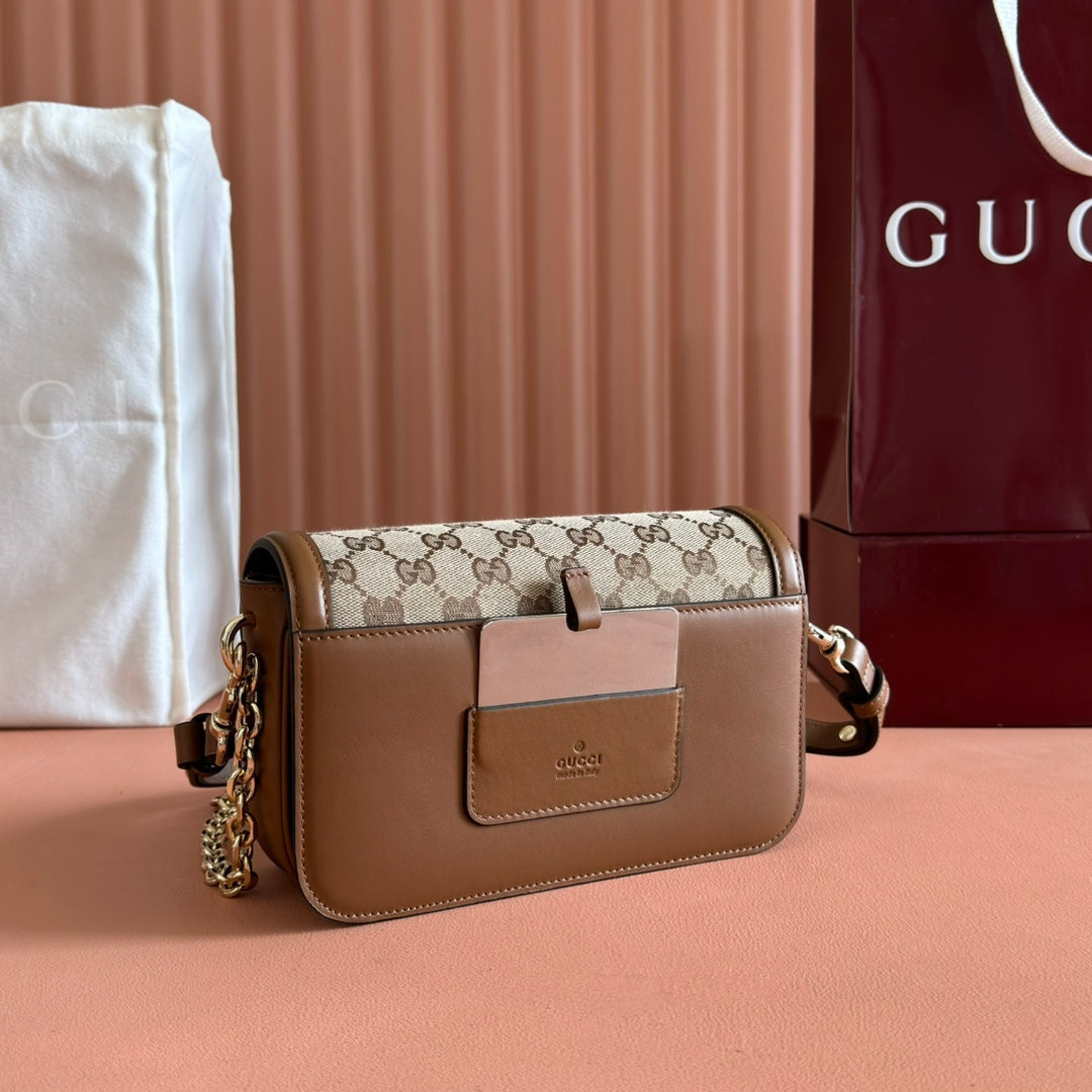 Gucci GO Small Shoulder Bag Brown mix Beige Leather Canvas 248116