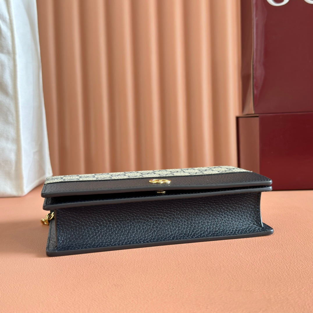 Gucci Marmont Chain Wallet Ebony Blue Black Leather Canvas 255317