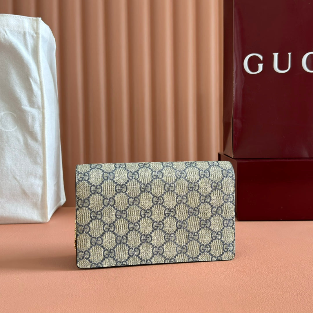 Gucci Marmont Chain Wallet Ebony Blue Black Leather Canvas 255317