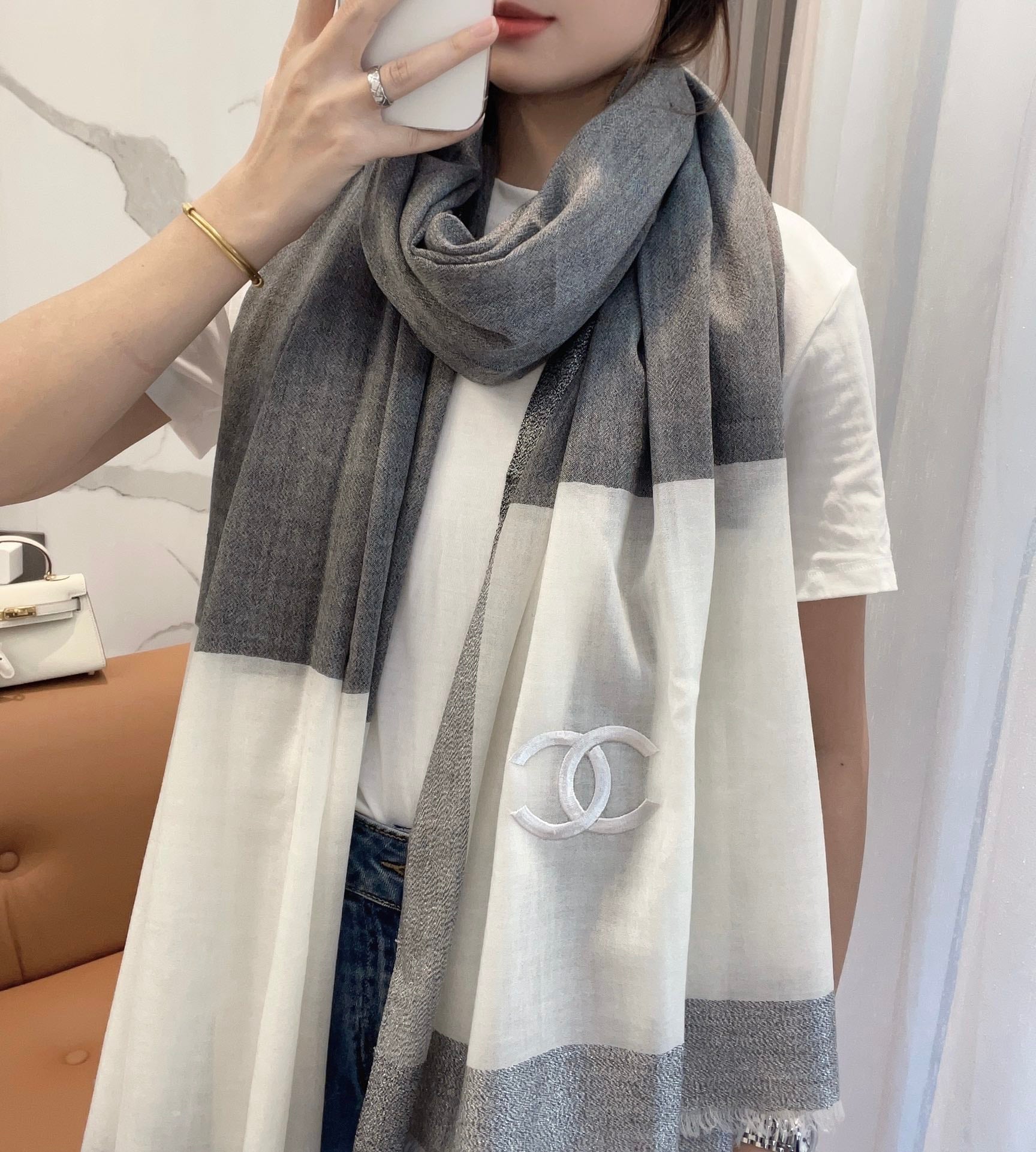 CC Scarf 200 CM In Grey Mix White Cashmere Silk  416880