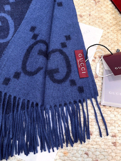 GG Double G Jacquard Scarf 200CM  Blue Black Wool 282791
