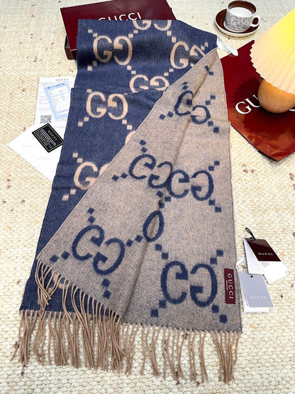GG Double G Jacquard Scarf 200CM  Blue Beige Wool 282792