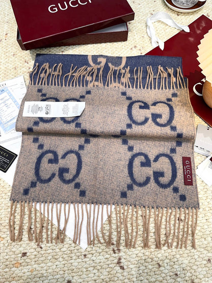GG Double G Jacquard Scarf 200CM  Blue Beige Wool 282792
