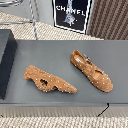 Alaia 2025 Criss Cross With Stud Ballet Flats Brown Beige Suede 293207