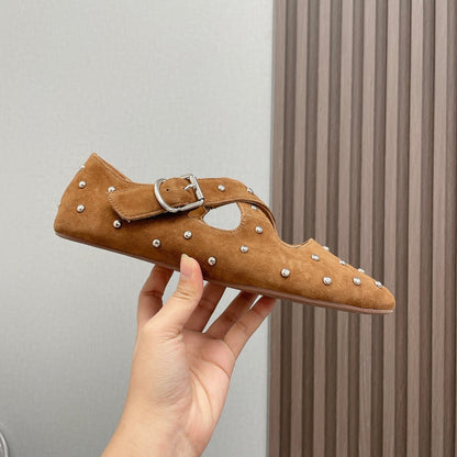 Alaia 2025 Criss Cross With Stud Ballet Flats Brown Beige Suede 293207