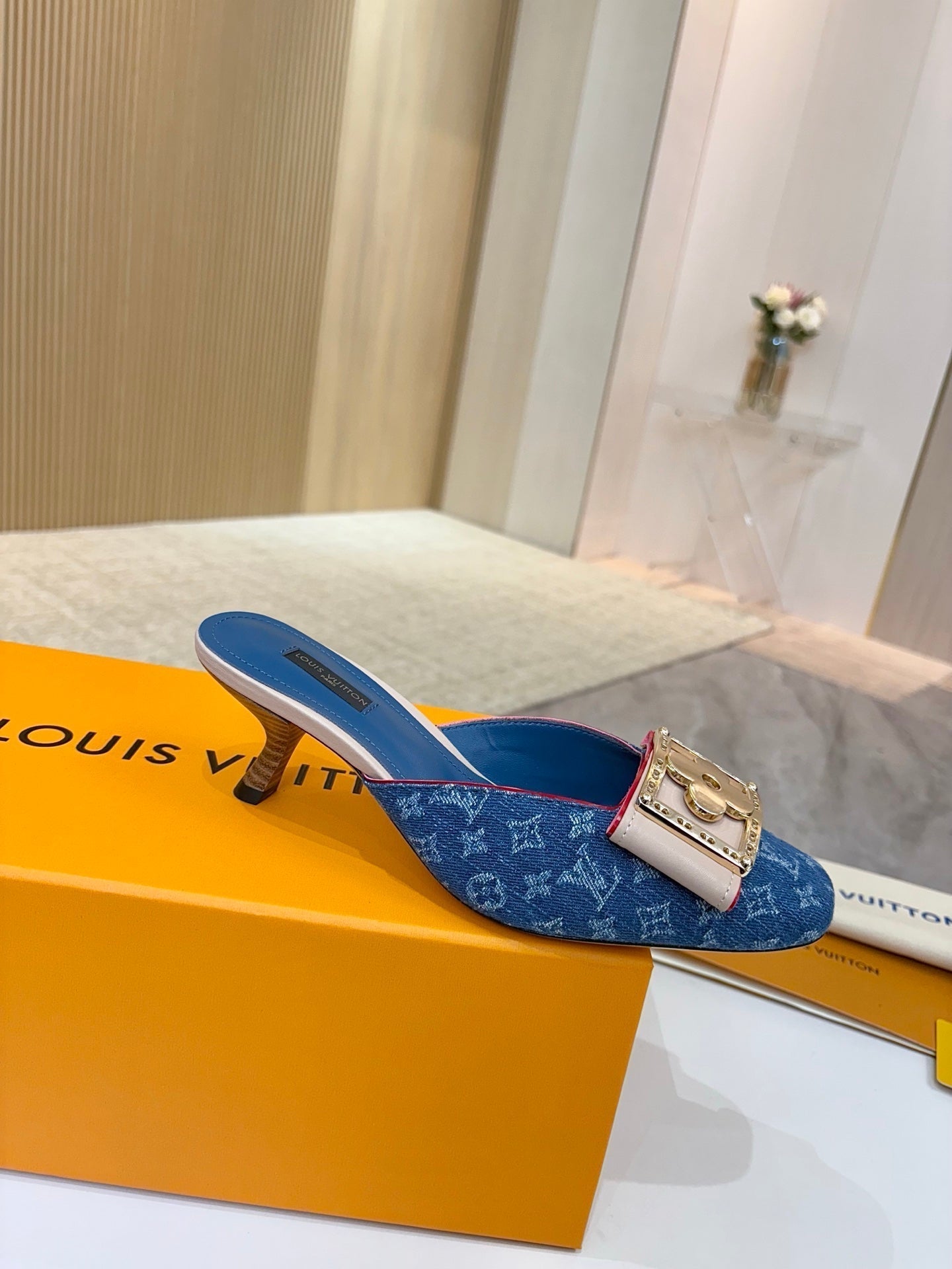 LV 26ss High-Heeled Mules 60 Blue Monogram Denim Cowhide 664881
