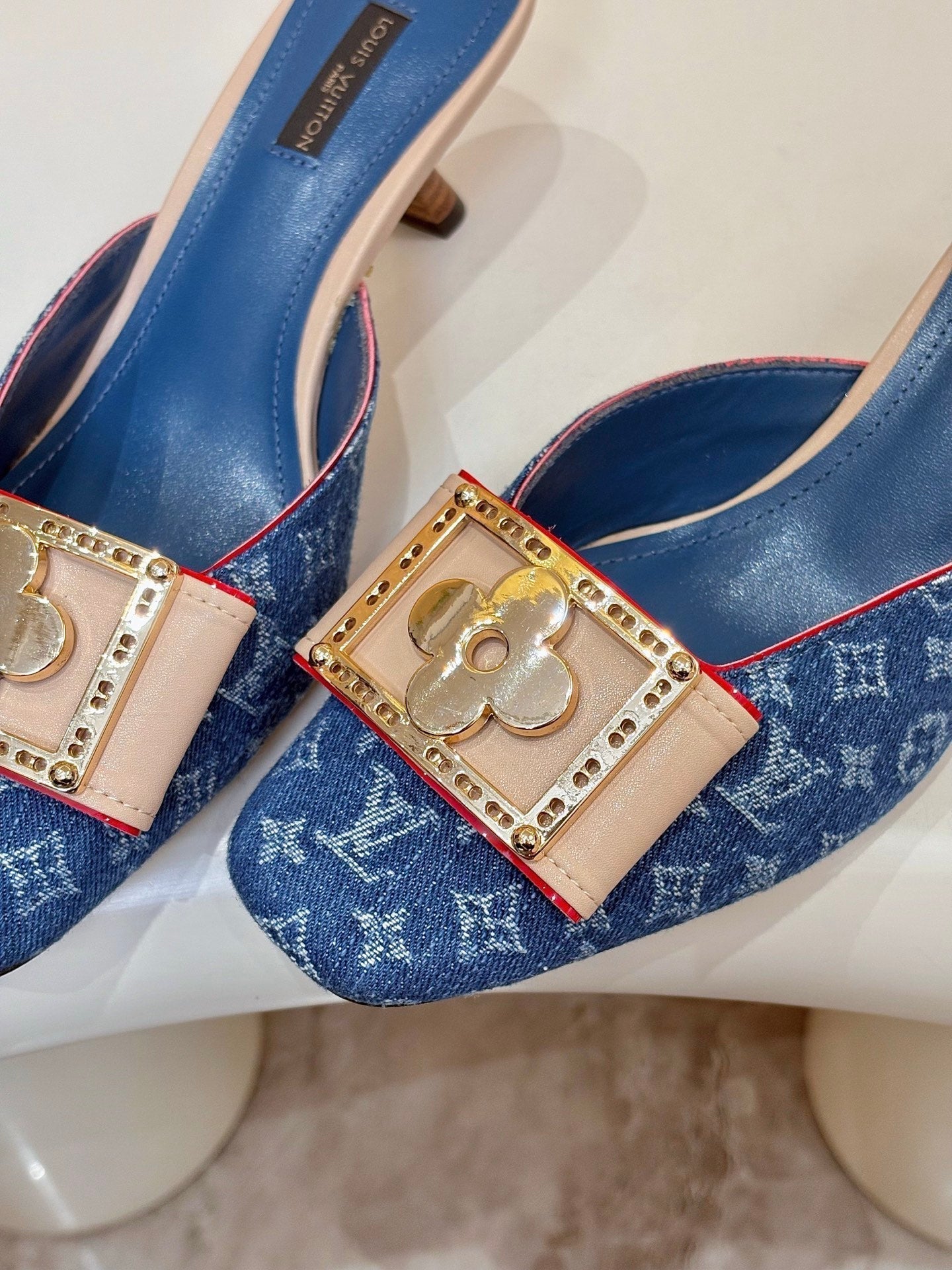 LV 26ss High-Heeled Mules 60 Blue Monogram Denim Cowhide 664881