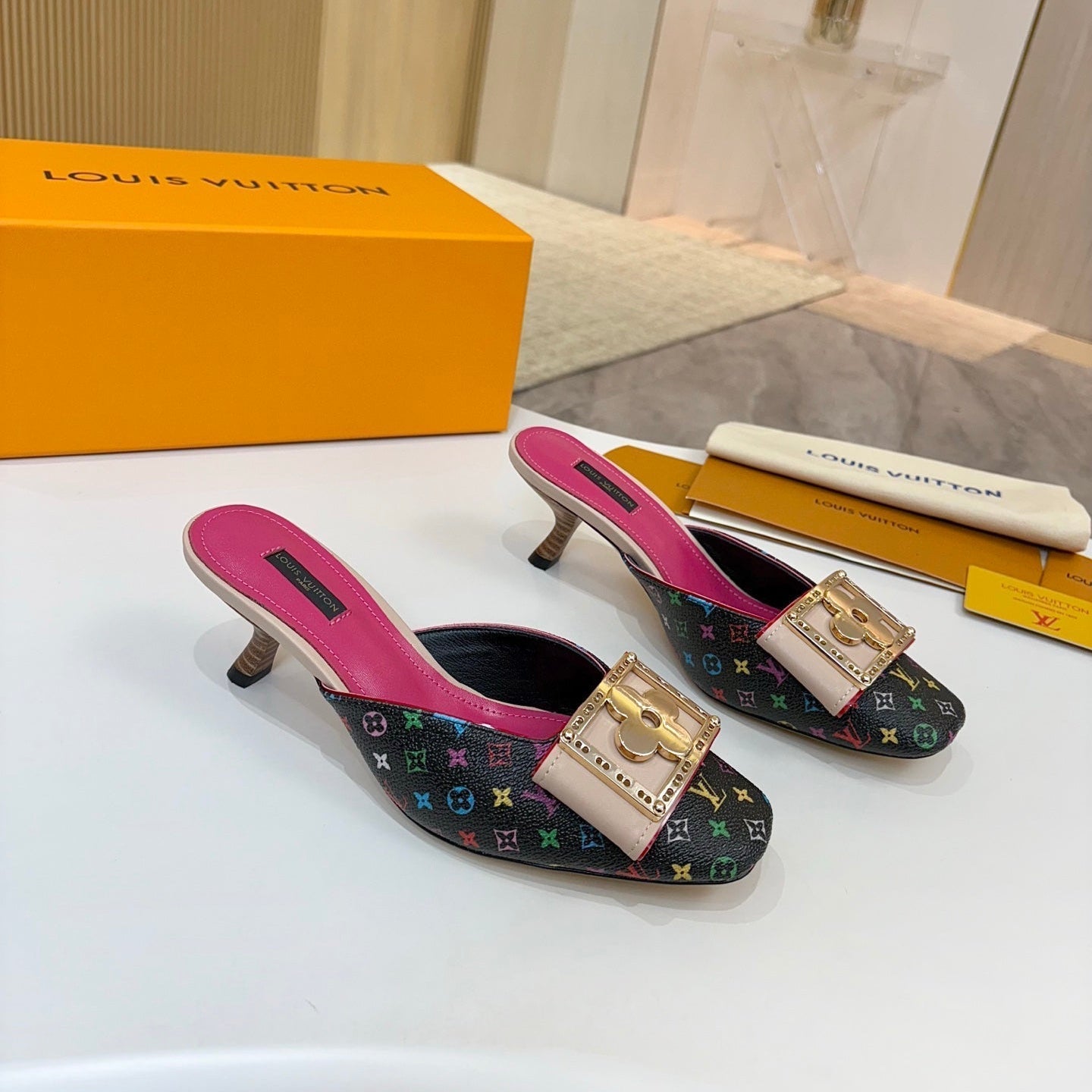 LV 26ss High-Heeled Mules 60 Black Pink Multicolor Monogram Cowhide 664883