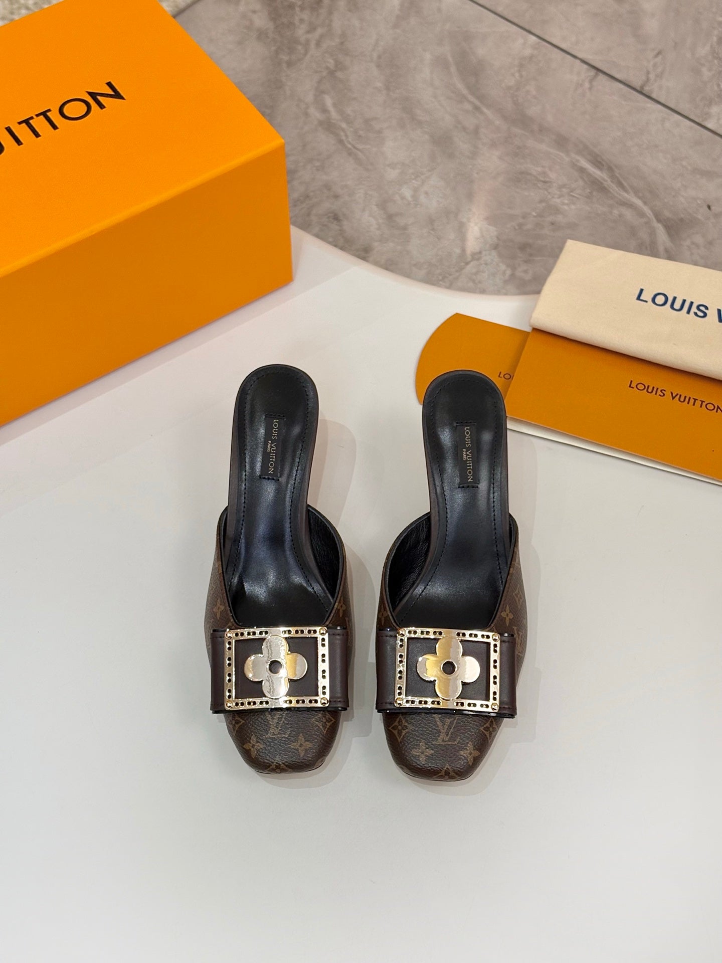 LV 26ss High-Heeled Mules 60 Brown Black Monogram Cowhide 664884
