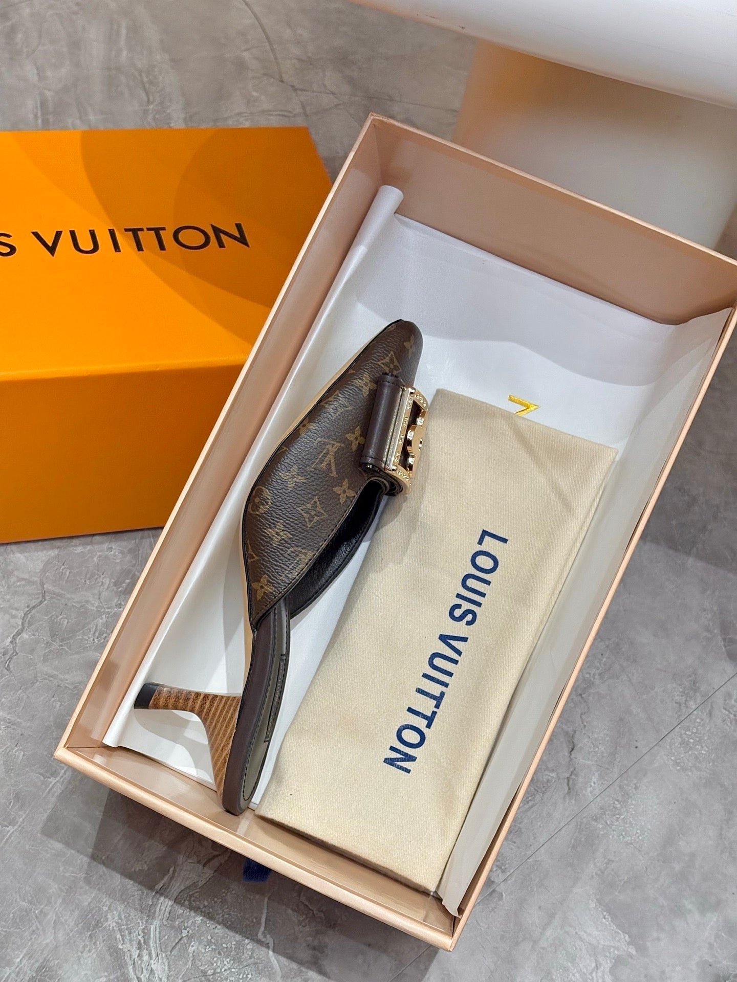 LV 26ss High-Heeled Mules 60 Brown Black Monogram Cowhide 664884