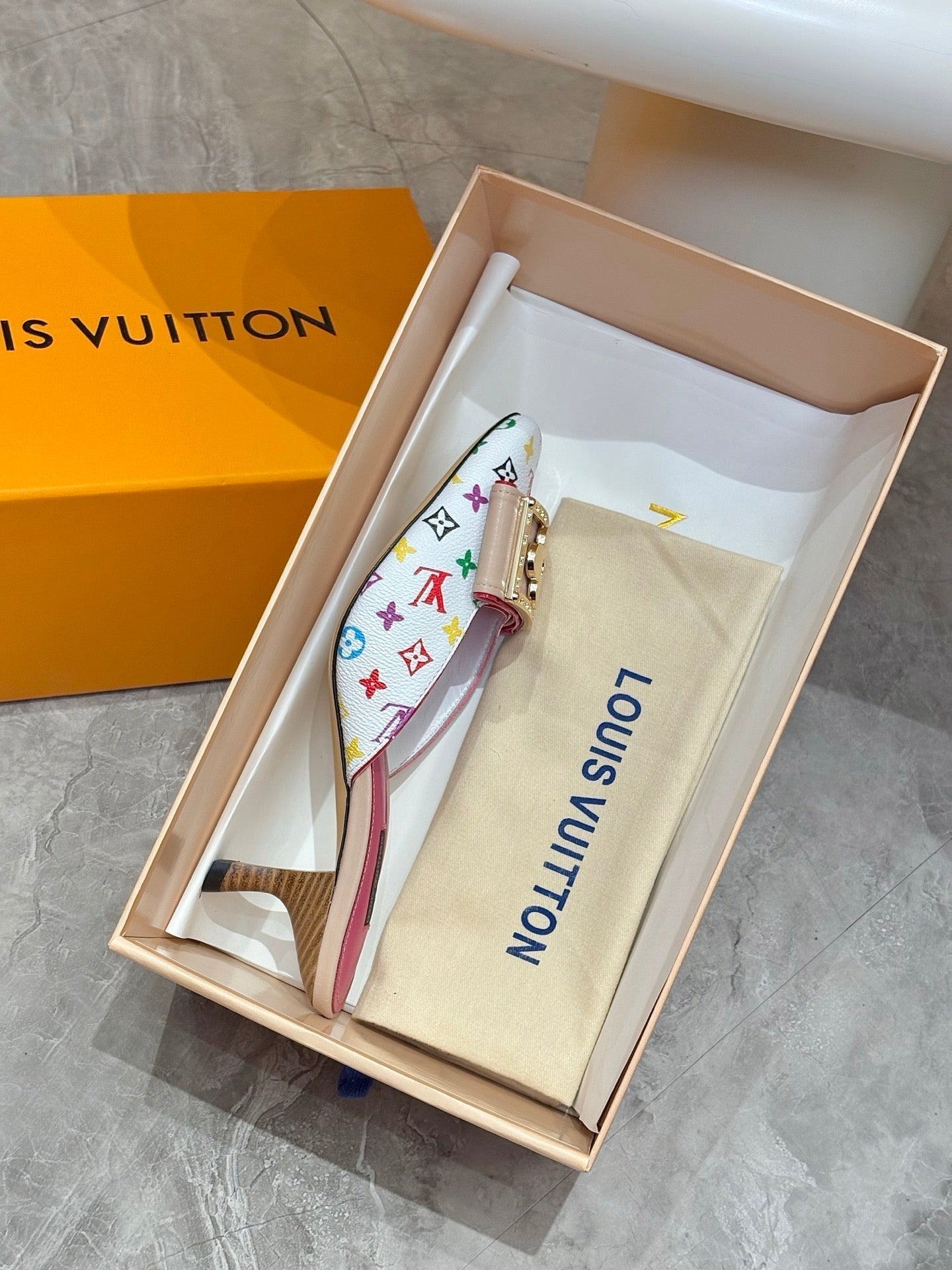 LV 26ss High-Heeled Mules 60 White Multicolor Monogram Cowhide 664885