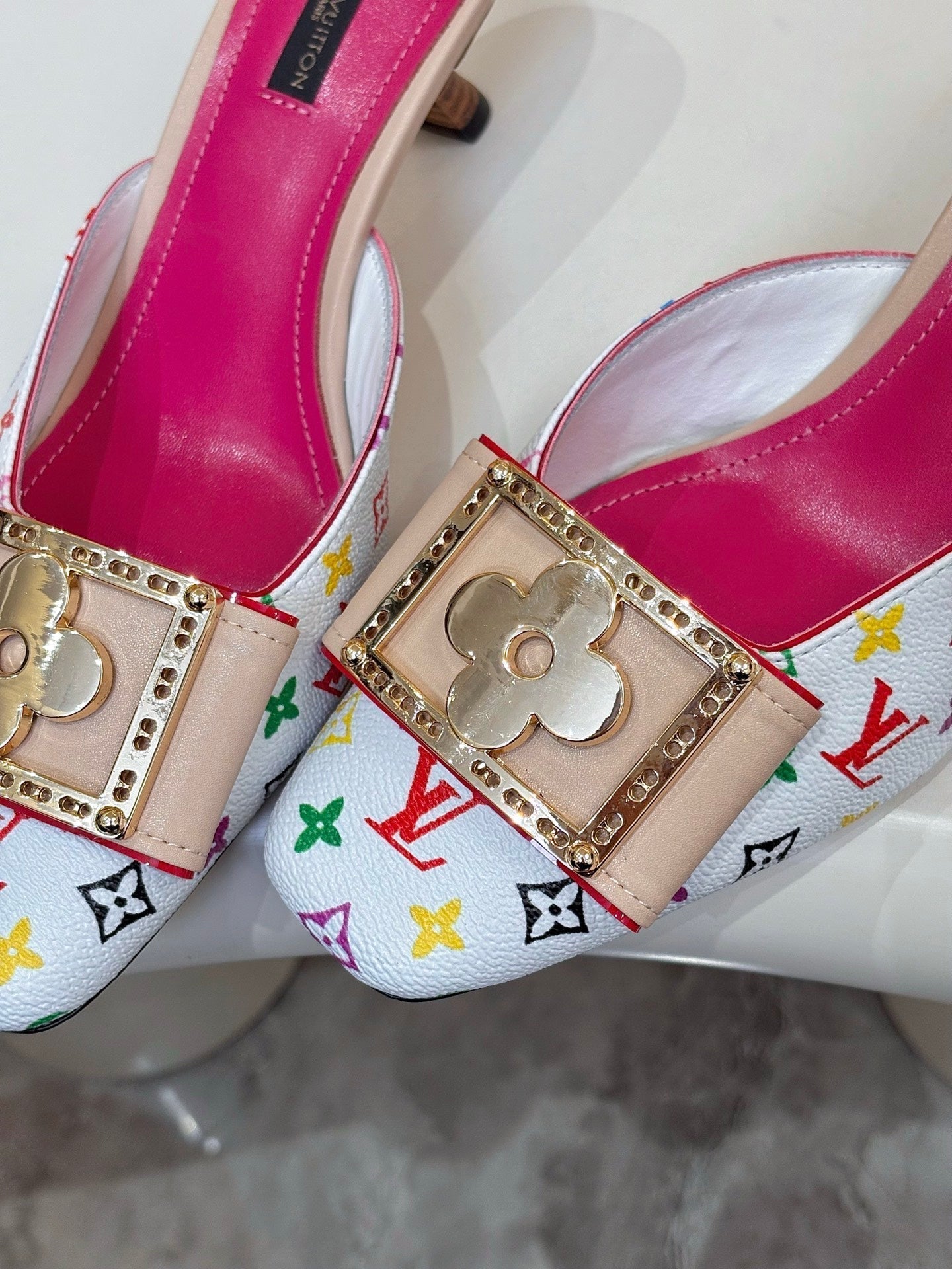 LV 26ss High-Heeled Mules 60 White Multicolor Monogram Cowhide 664885