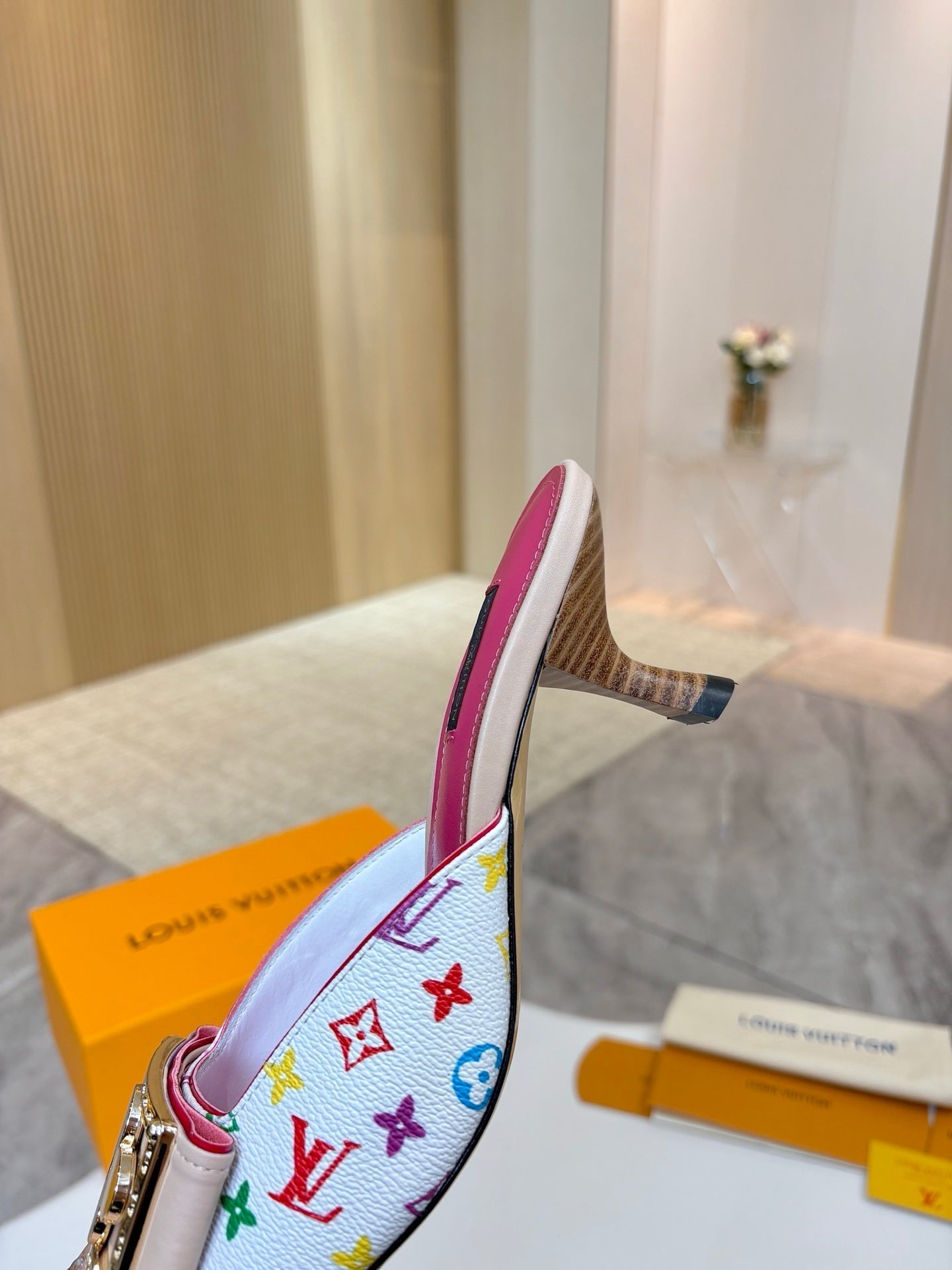 LV 26ss High-Heeled Mules 60 White Multicolor Monogram Cowhide 664885