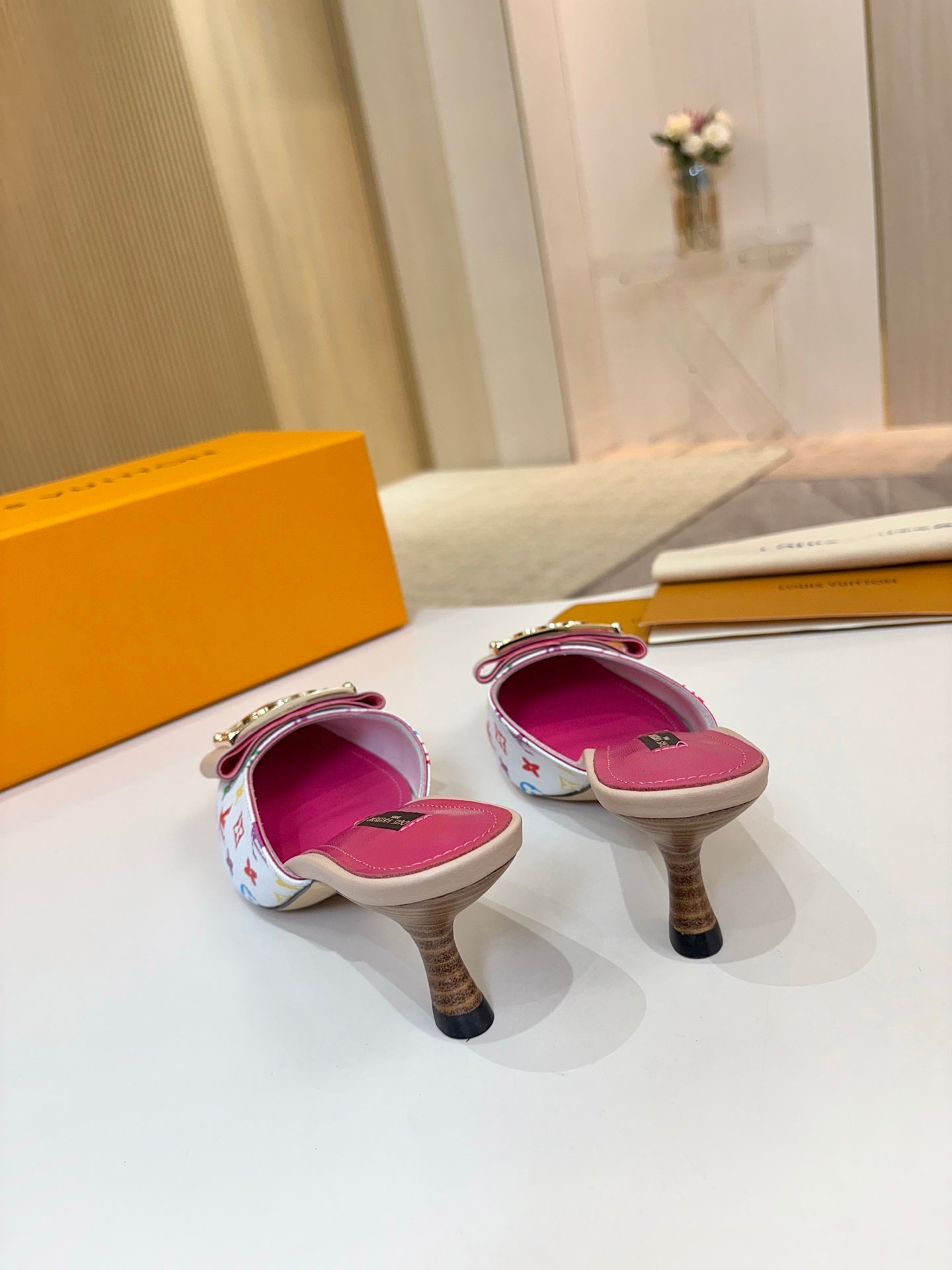 LV 26ss High-Heeled Mules 60 White Multicolor Monogram Cowhide 664885