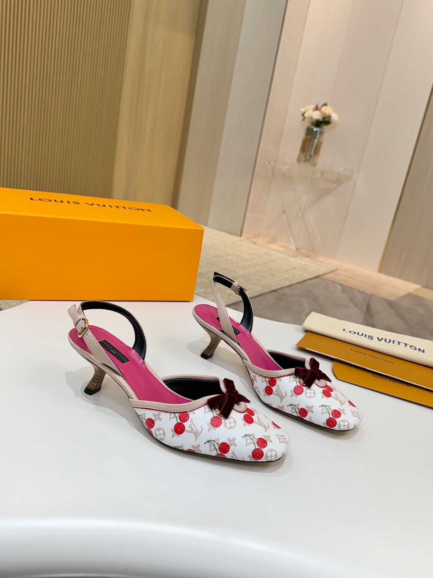 LV 26ss Slingback 60 White Pink Cherry Monogram Cowhide 664894