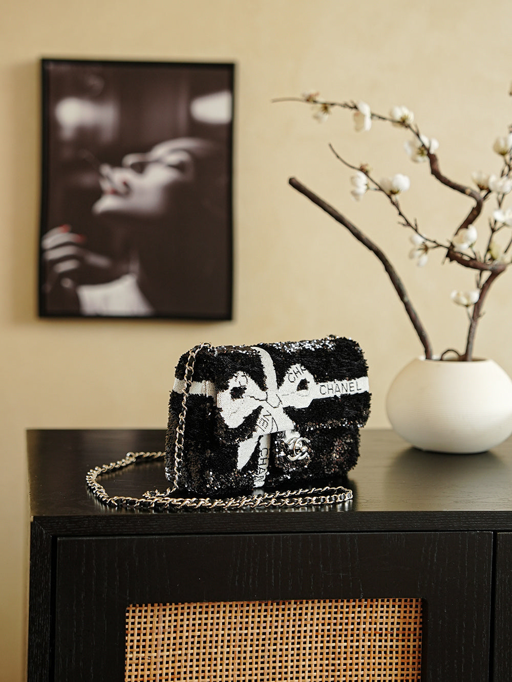 CC 2025 Bow Flap Bag Black White Sequin 308597