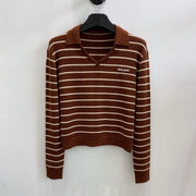 Miumiu 2026 V-neck Striped Knit Polo Sweater Brown Wool 244580