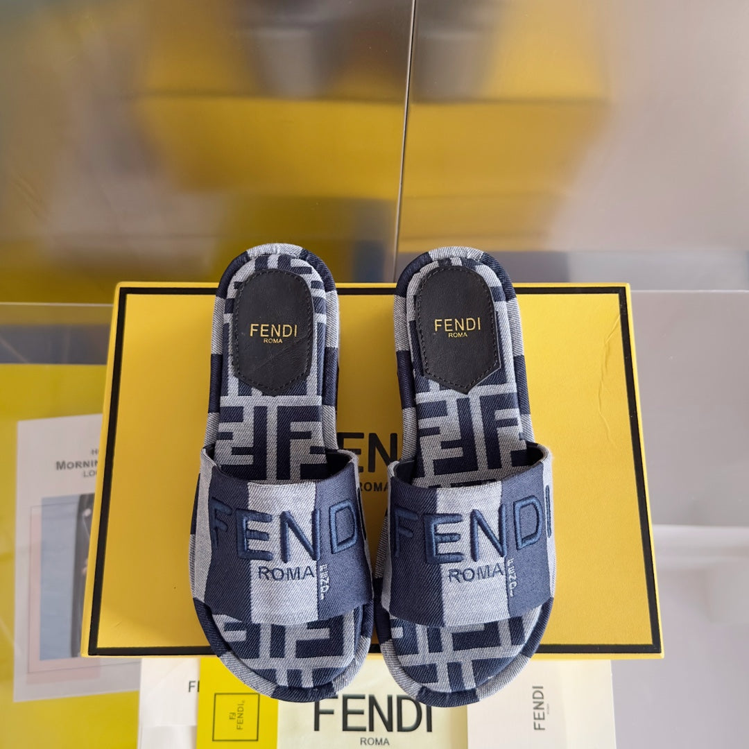 FF Sunshine 65 Blue Dark Grey Canvas Flatform Slide