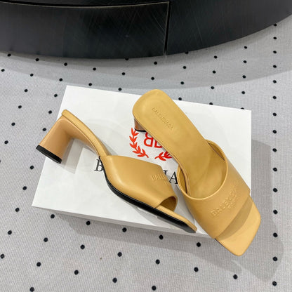 SQUARE-TOE MEDIUM HEEL MULES IN APACHE CALFSKIN LOGO EMBOSSED