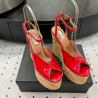 Alaila Wedge Sandals 135mm In Red Glossy Lambskin 954901