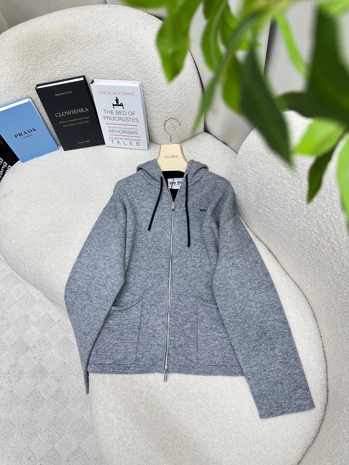 Miumiu 2026 Hooded Knit Cardigan Grey Cashmere