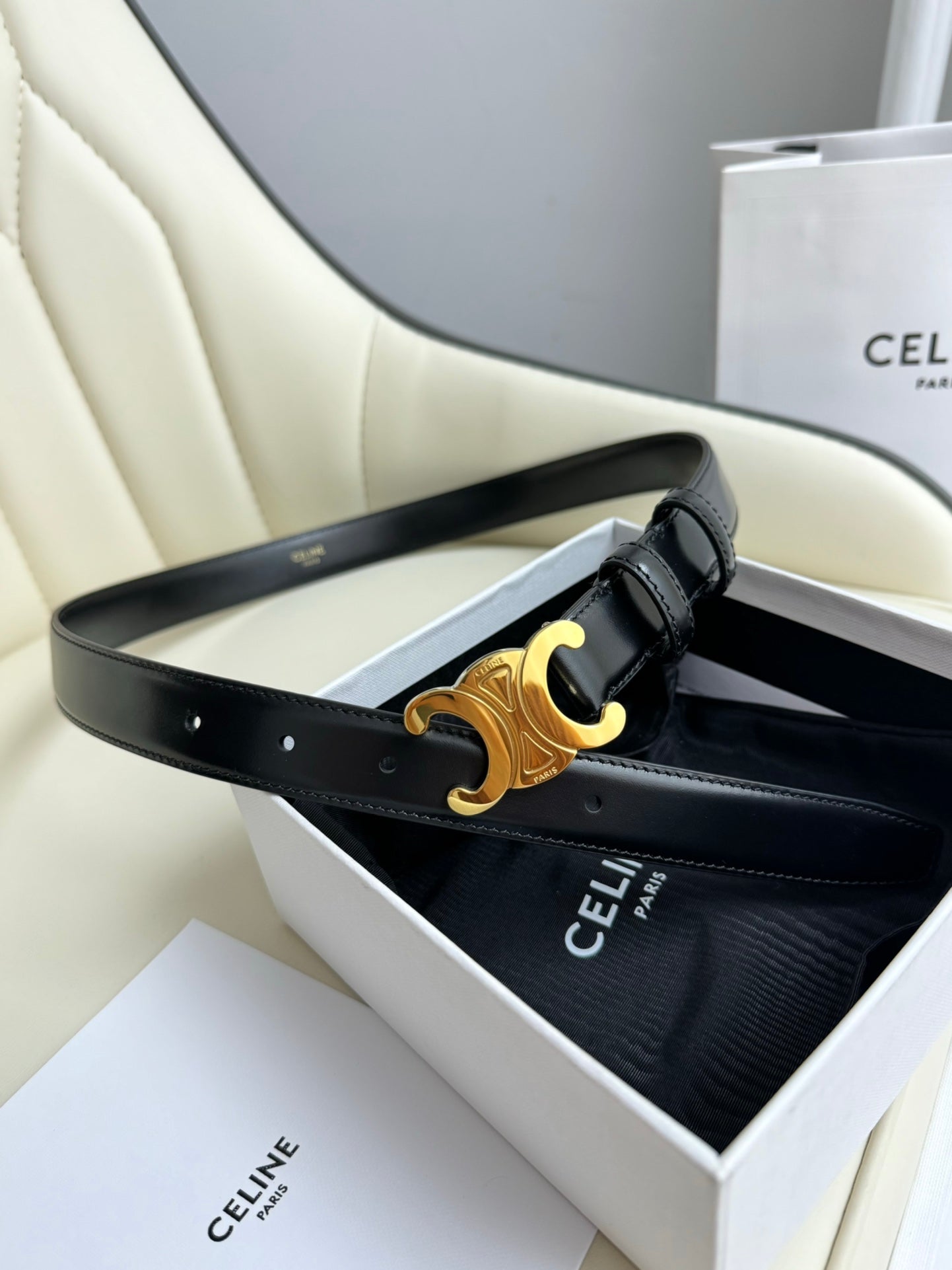MEDIUM TRIOMPHE BELT 25MM LEATHER GOLD HARDWARE