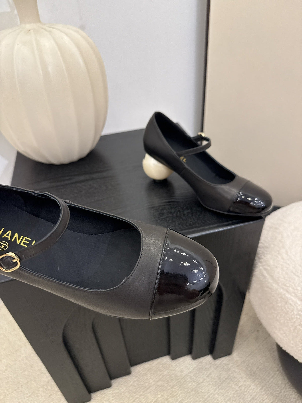 Chanel Mary Jane Pumps with Pearl Heels Black White Leather