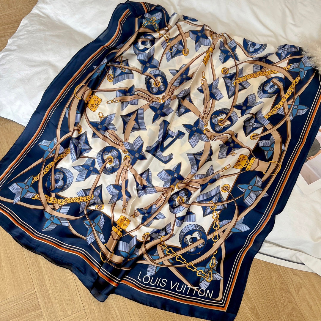 LV Long Scarf 180 Navy Blue Beige Colorful Mulberry Silk 172986