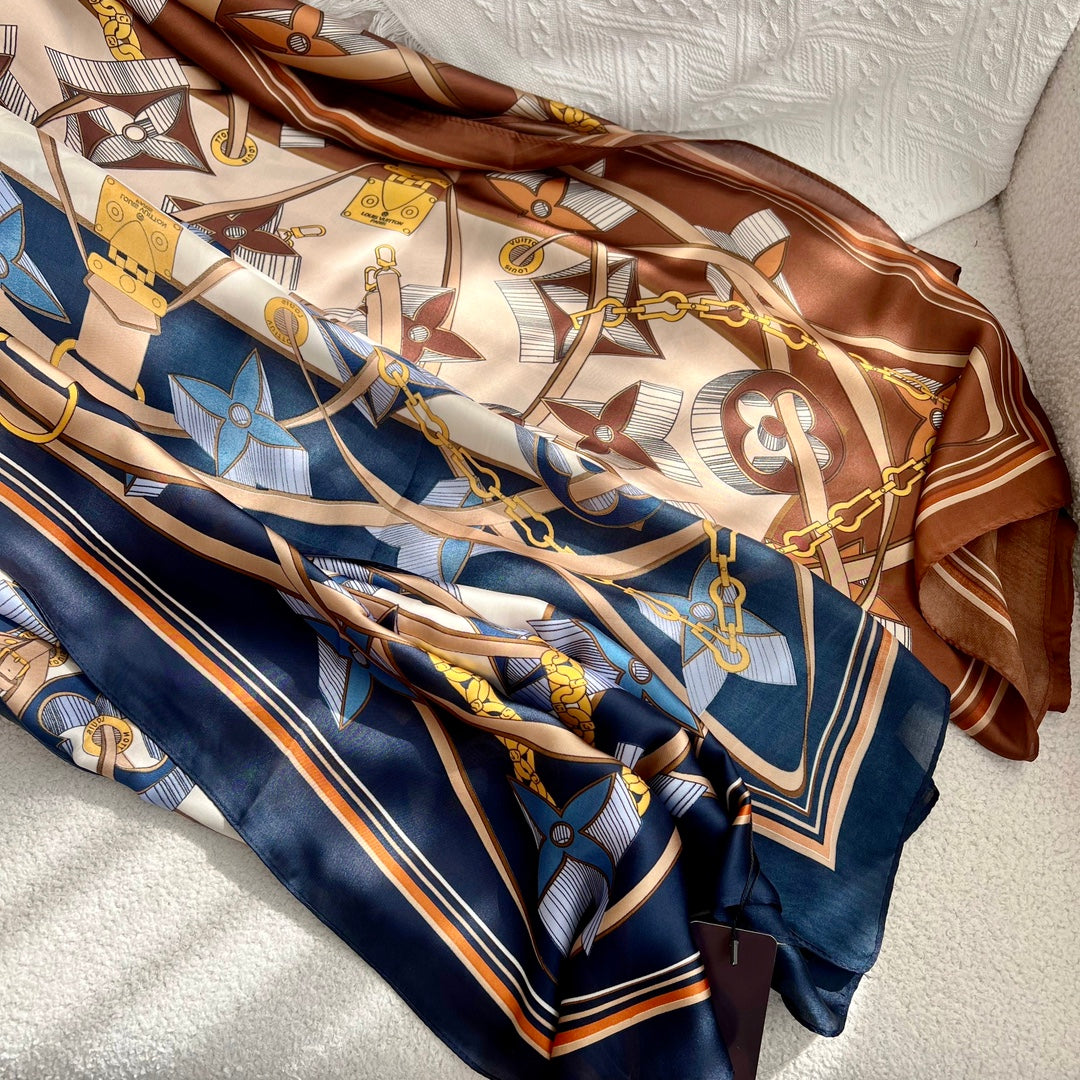 LV Long Scarf 180 Navy Blue Beige Colorful Mulberry Silk 172986
