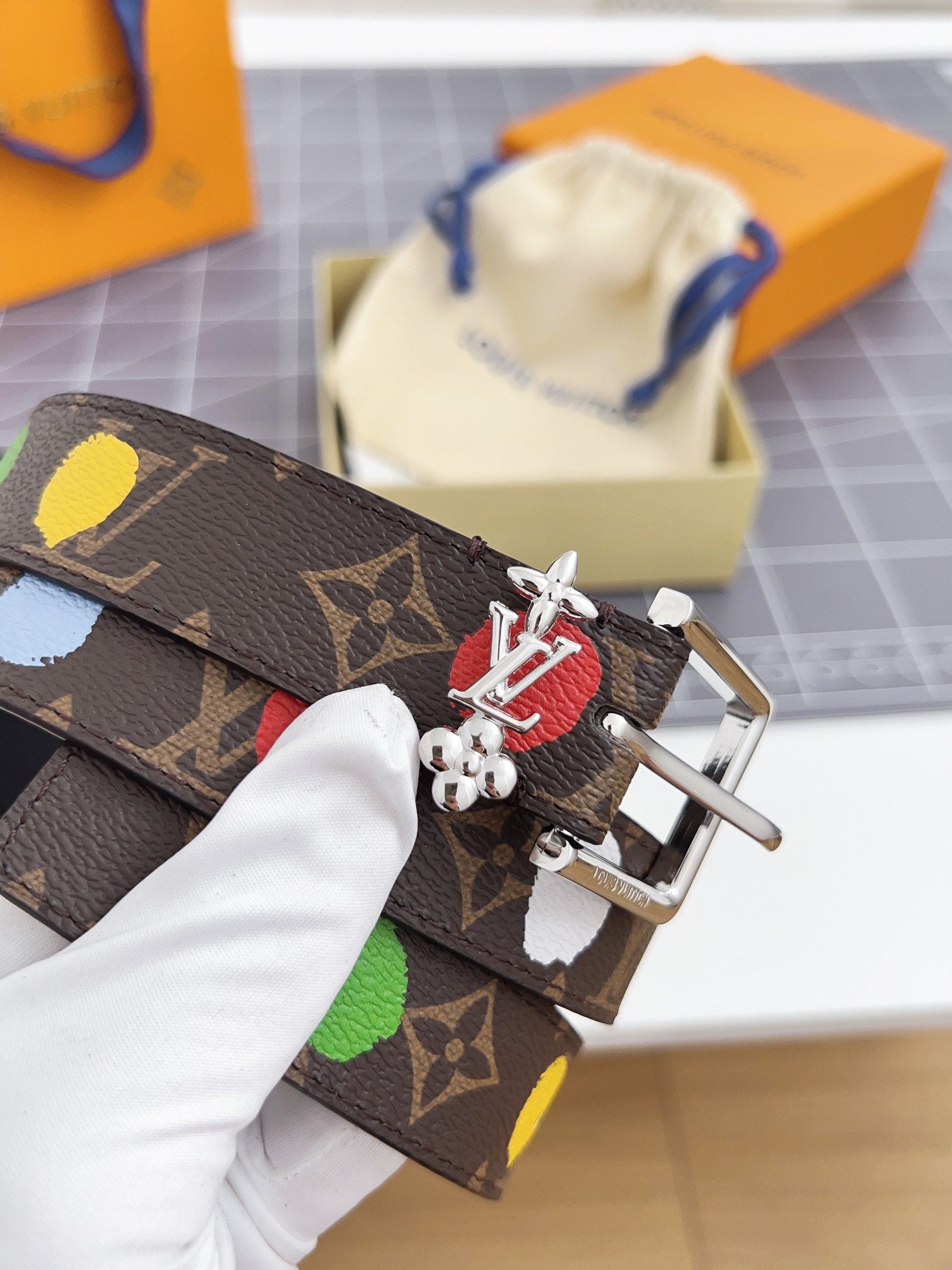 LV Bloom 30mm Mutilcolor Belt Silver Buckle Black Brown Leather