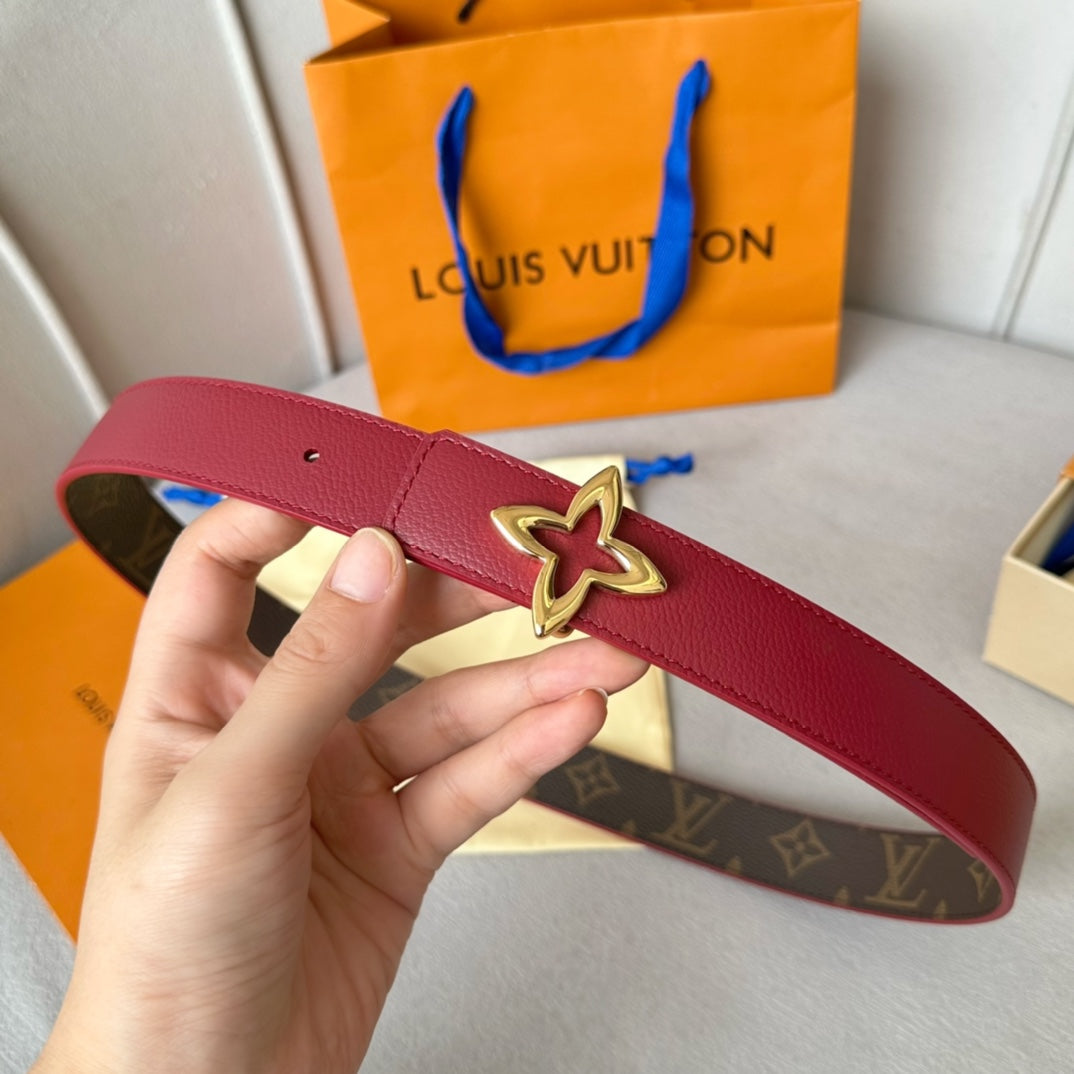 LV Flowergram 30mm Reversible Belt Gold Buckle Burgundy Brown Leather
