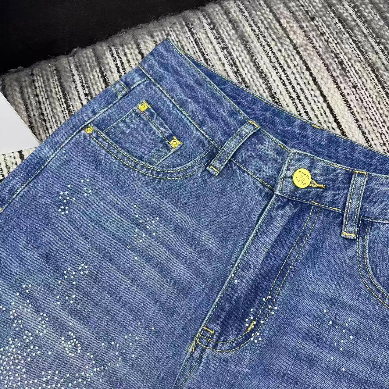 Chanel 2026 Straight-leg Jeans With Double C Logo And Rhinestone Embellishment