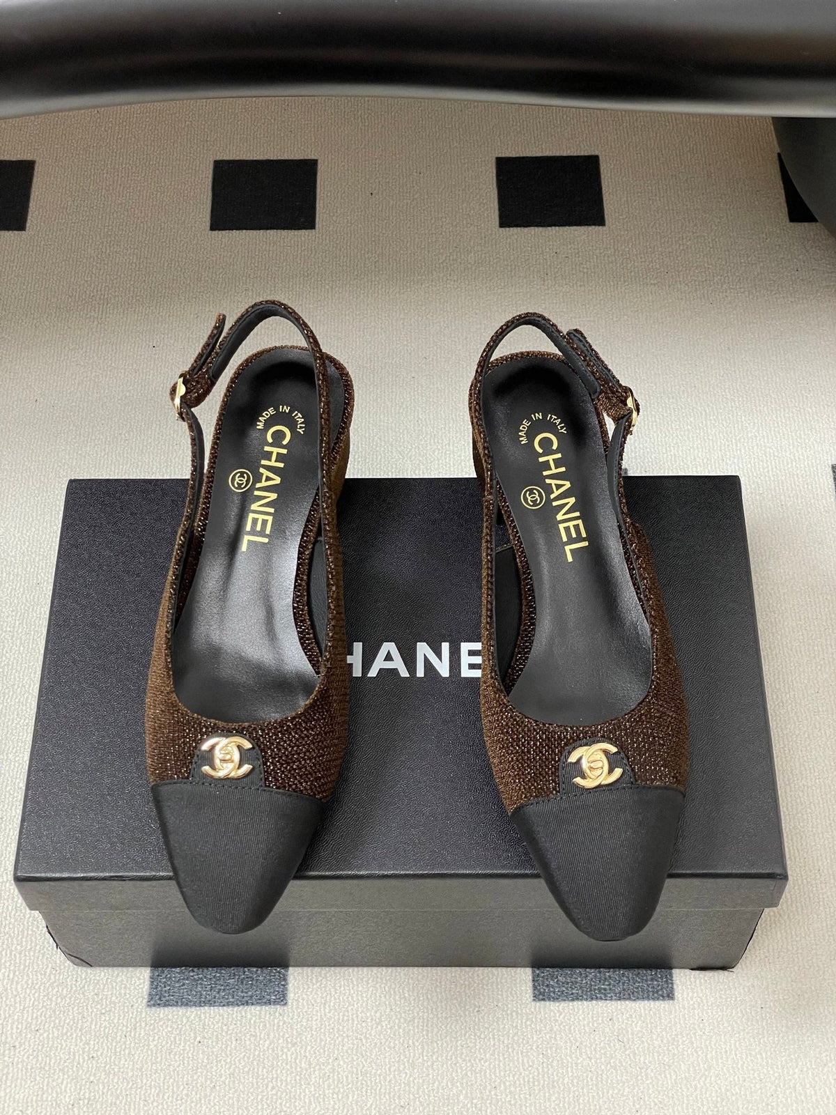Chanel 25 Slingback Black Brown Lambskin Fabric 473210