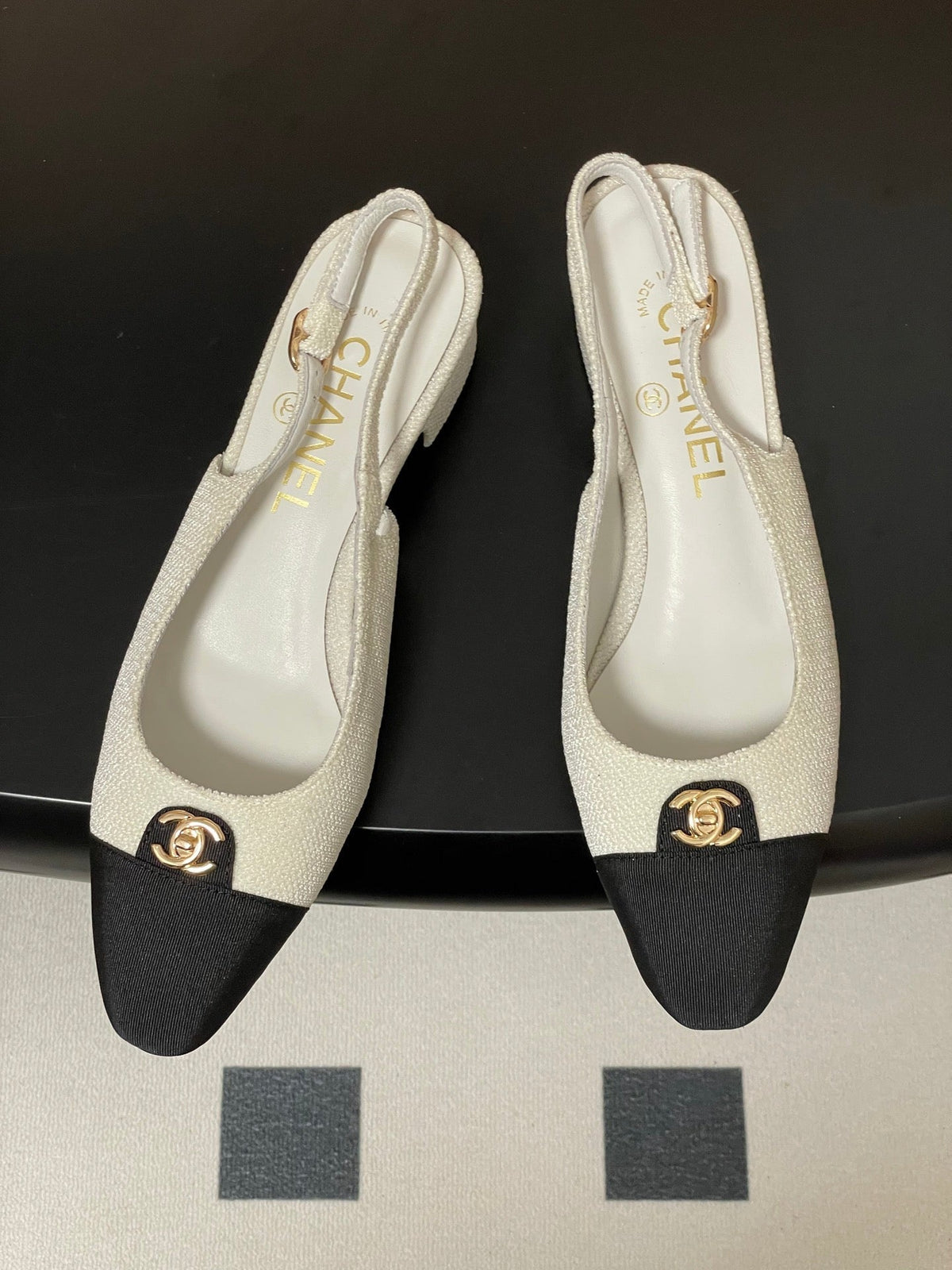 Chanel 25 Slingback Black White Lambskin Fabric 473211
