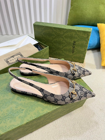 GC Horsebit Slingback Pump 10mm Beige mix Blue Canvas Sheepskin 294553