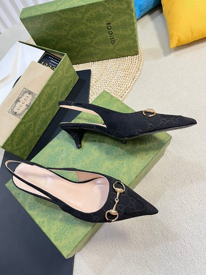 GC Horsebit Slingback Pump 50mm Black Canvas Sheepskin 294558