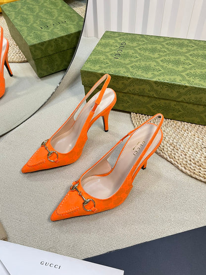 GC Horsebit Slingback Pump 100mm Orange Canvas Sheepskin 294548