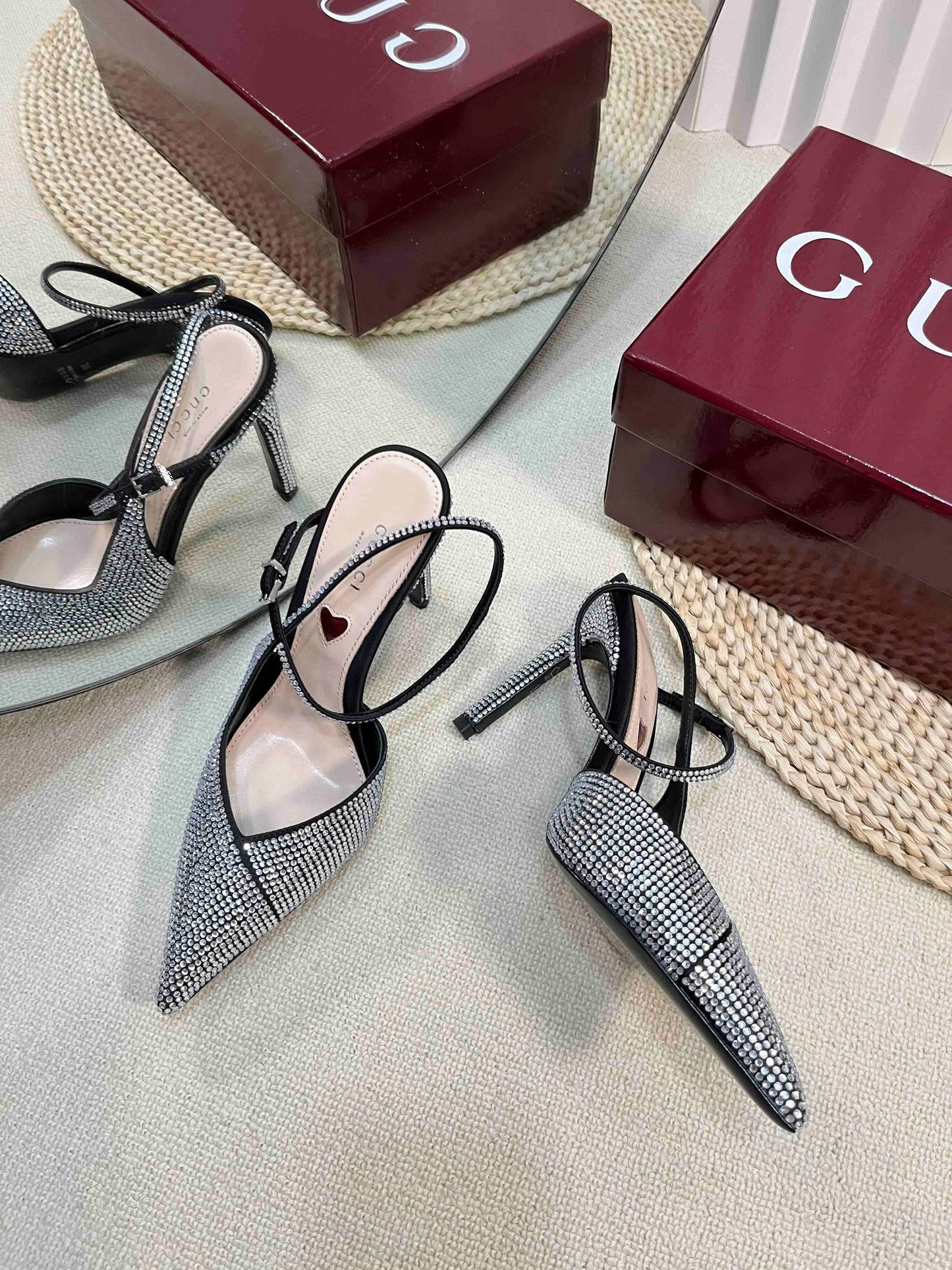 GC Crystal-Embellished Slingbacks Black Silk Sheepskin 294611