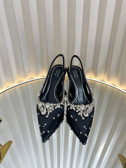 GC 2025 Crystal Embellished 55mm High Heels Slingbacks Black Silk Sheepskin 294526