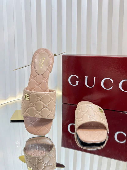 GC Double G Slide Sandals Nude Embossed Leather 294632