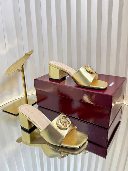 GC 25 Interlocking G Heeled Sandal Gold Patent Leather 294639