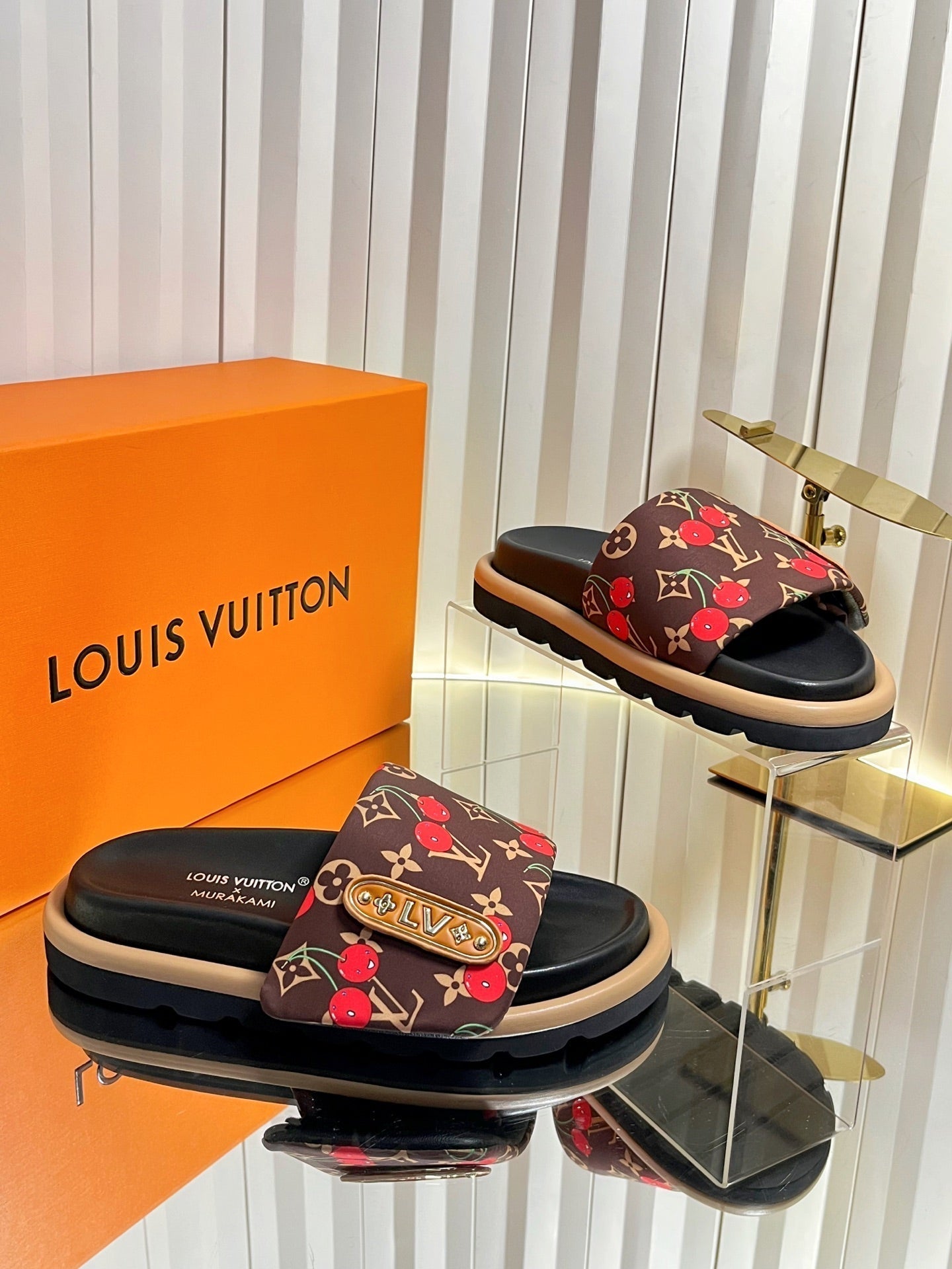 LV 26s Slippers Black Brown Red Fabric Sheepskin 616349