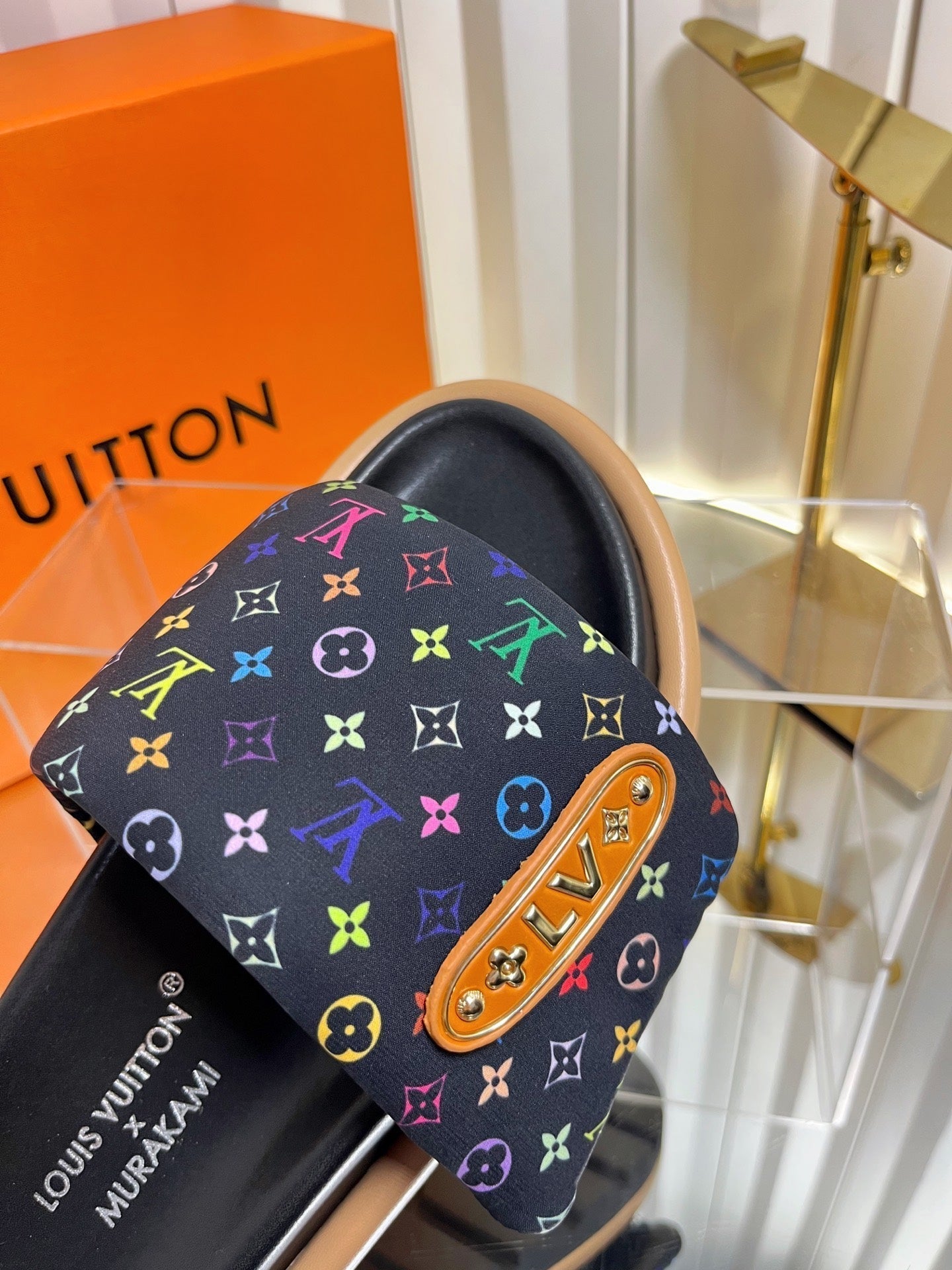 LV 26s Slippers Black Multicolor Fabric Sheepskin 616354